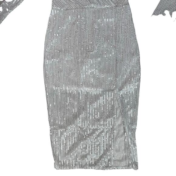 White Sequin Long Sleeve Dress Small V Neck Wrap Party Holiday Cocktail Glam - Picture 2 of 15